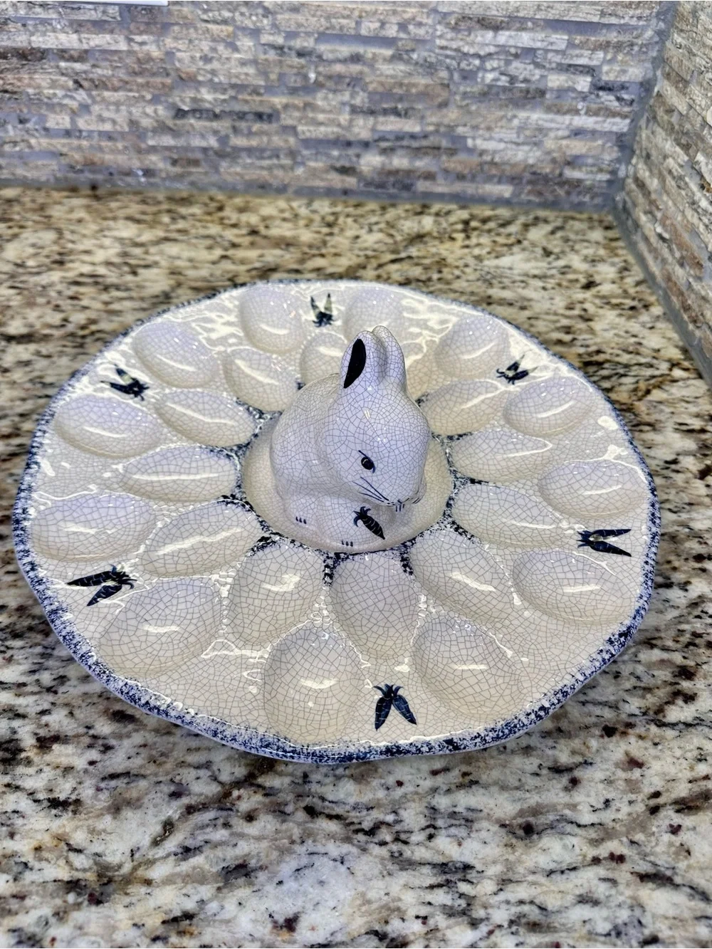 Ceramic Bunny Deviled Egg Platter - Blue and Cream Potting Shed Dedham